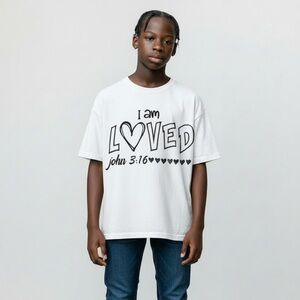 White Graphic T-Shirt with Heart Design “ I am Loved, John 3:16 SZ S youth.